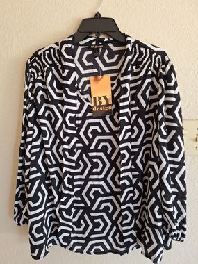 BY Design Black & White Geometric Blouse Tie Neck SzL NWT